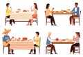 Set of illustrations on the theme of eating national dishes. Couples in folk costumes have dinner