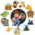 Set of illustrations on the theme of Goldfield. Wild West. Prospector Royalty Free Stock Photo