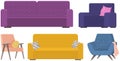 Set of illustrations on theme of leisure furniture. Couch with colorful pillows vector illustration