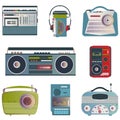 Set of illustrations on the theme of retro music. Radio receivers, tape recorder, player, recorder in retro style.