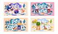 A set of illustrations on the topic of children with pets. People are playing games outside