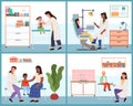 A set of illustrations on the topic of diagnosis of diseases in children. Doctor examines patients