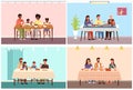 Set of illustrations on the topic of families in different countries dine on traditional food Royalty Free Stock Photo