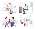 Set of illustrations on the topic of health check of patients. Doctor examines children in hospital