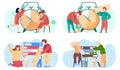 Set of illustrations on the topic of helping each other and joint work. Alarm clock on background