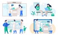 Set of illustrations on the topic of planning a working day in the lab. People communicate and work