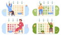 Set of illustrations on the topic of timetable and calendar. People playing and having fun