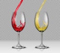 Set of illustrations of transparent glass wine glasses with white and red wine pouring in them