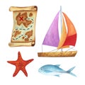 Set of illustrations - treasure map, sailboat, fish and starfish. Drawn in watercolor
