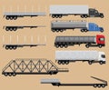 Set of illustrations of truck tractors and trailers