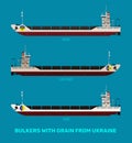 Set of illustrations of Ukrainian bulk carriers with cereals corn, sunflower, wheat on a blue sea background. Bulk carriers carry