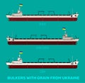 Set of illustrations of Ukrainian bulk carriers with cereals corn, sunflower, wheat on a blue sea background. Bulk carriers carry