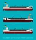 Set of illustrations of Ukrainian bulk carriers with cereals corn, sunflower, wheat on a blue sea background. Bulk carriers carry