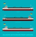 Set of illustrations of Ukrainian bulk carriers with cereals corn, sunflower, wheat on a blue sea background. Bulk carriers carry