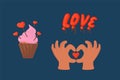 A set of illustrations for Valentine's Day. With the Vector inscription Love. Images of hands and hearts and sweets Royalty Free Stock Photo