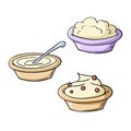 A set of illustrations, various ceramic deep plates with porridge, thick sour cream, with a spoon, vector cartoon