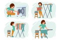 A set of illustrations, washing and ironing clothes. A young woman washes, dries and irons clothes. Housewife