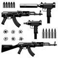 Set of illustrations of weapon.Uzi submachine gun, ak-47. Design element for logo, label, sign, poster.