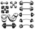 Set of illustrations of weightlifting barbells and dumbells . Design element for logo, label, sign, emblem, banner