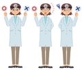 A set of illustrations in which a middle-aged female doctor wearing a white coat and wearing a forehead mirror answers the questi Royalty Free Stock Photo