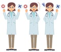 A set of illustrations in which a middle-aged female doctor wearing a white coat and wearing a stethoscope answers the questions