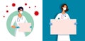Set of illustrations, woman doctor with blank poster with copy space. Template for hospital design, ambulance. Cartoon