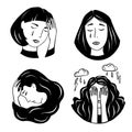 Set of illustrations of women crying, feeling unhappy, depressed. Anxiety, depression, stress, headache. Concepr of