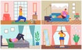 Set of illustrations about women doing exercises to lose weight. Life and daily routine of fat girls