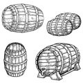 Set of illustrations of wooden barrel of beer in engraving style. Design element for logo, label, sign, poster, t shirt.