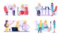 Set of illustrations about working with electronic equipment. People spend time in recording studio Royalty Free Stock Photo