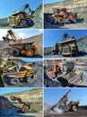 Set image Large quarry dump truck. Loading the rock in the dumper. Loading coal into body work truck Royalty Free Stock Photo