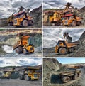 Set image Large quarry dump truck. Loading the rock in the dumper. Loading coal into body work truck Royalty Free Stock Photo