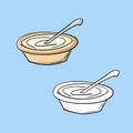 Set of images, beige ceramic deep plate with porridge, thick sour cream, with a spoon, vector cartoon