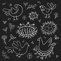 Set of images of birds. Design elements in doodle style. Natural style, branches, plants, eggs, nests. White chalk outline on a