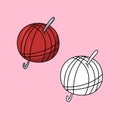A set of images, a bright red ball of knitting thread with a metal hook, vector cartoon Royalty Free Stock Photo