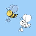 A set of images, A cute bee with a small watering can, a bee watering plants, vector cartoon Royalty Free Stock Photo