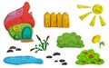 A set of images with a fabulous house and a pond made of plastic mass. Isolated objects on a white background. Children`s drawing