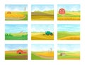 Set of images of farm equipment and buildings in the field. Vector illustration on white background.
