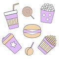 Set of images of fast food in lilac, white and beige colors