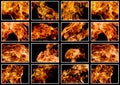 Set of images of a fiery flame of fire on a black background