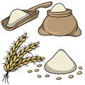 A set of images with flour and flour products, cartoon-style images with objects for the production of bread and rolls
