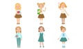 Set of images of girls in different school uniforms. Vector illustration.