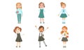 Set of images of girls schoolgirls in uniform. Vector illustration.