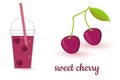 Set of images of glass with cherry juice and whole cherry. Illustration in bright colors on white background. Vector illustration
