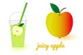 Set of images of glass with sweet apple juice and whole apple. Illustration in bright colors on white background. Vector Royalty Free Stock Photo