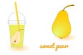 Set of images of glass with sweet pear juice and whole pear. Illustration in bright colors on white background. Vector