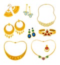 Set of images of gold jewelry with precious stones. Vector illustration.