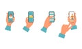 Set of images of hands holding a smartphone. Call, new email, chat, blog. Flat style. Vector.