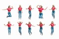 Set of images of a jumping young girl in jeans and a red T-shirt. Movement and energy. Collage. Isolated on a white background