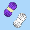 A set of images, a large lilac skein of yarn for knitting, a vector cartoon